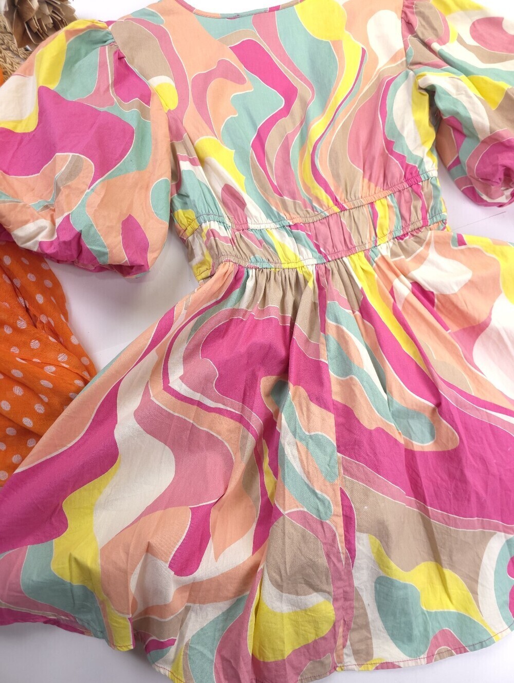 Sincerely Jules Colorful Swirl V-Neck Puff Sleeve Dress S - Picture 3 of 14